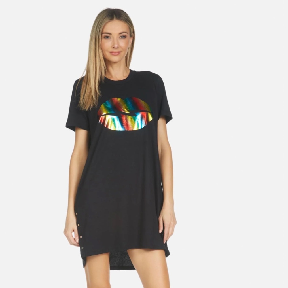 LAUREN MOSHI-ADAR RAINBOW FOIL LIGHTNING LIP TShirt Dress-Small